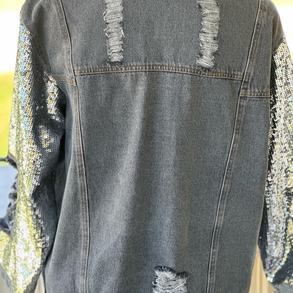NWOT Sequin Distressed Denim Jacket - Picture 2 of 6